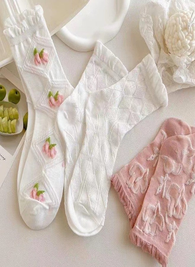 jecvxor 5 Pairs Women's Mid Socks Set, Pink and White Thin Knitted Breathable Ankle Socks, Floral Spring Summer Mid Crew Socks - Image 3